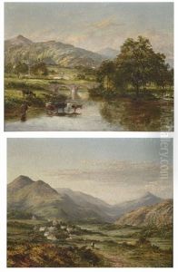 Mount Elbury, With Figure And Dog On Lane, And Mount Elbury, With Cattle Watering In A River (2 Works) by David Bates