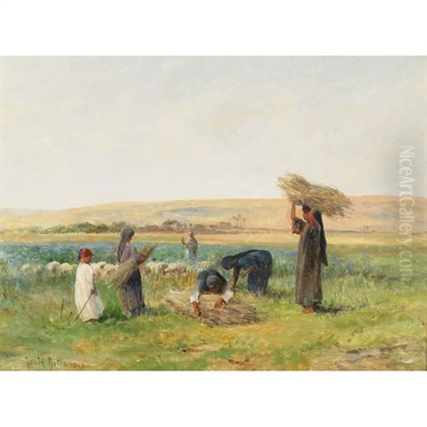 Girls Gathering Lupin Stalks (+ Shepherd And Flock In Lupin Pasture; Pair) - view 1