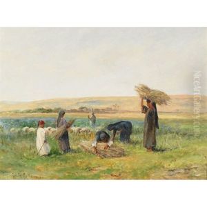 Girls Gathering Lupin Stalks (+ Shepherd And Flock In Lupin Pasture; Pair)