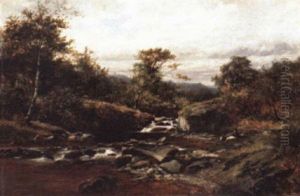 Highland Stream With Figure And Dog by David Bates