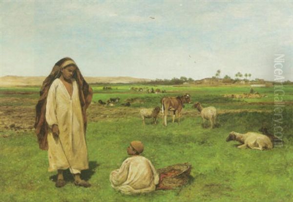 Boys Minding Cattle In The Fields, Egypt - view 1