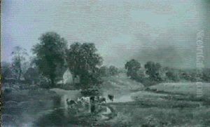Cattle Watering By A Farm by David Bates