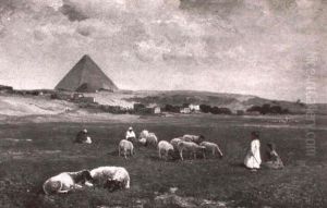 Arab Children Guarding Sheep, A Pyramid And Buildings Beyond by David Bates