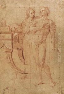 Etude De Deux Figures Debout Et D"un Siege Decore