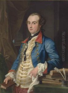 Portrait Of Edward Solly, In A Blue Frock Coat With A Red And Collar And Cuffs And Gold Brocade Details, And A White Silk Waistcoat, Leaning On A Stack Of Books