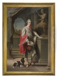 Portrait Of John, 3rd Baron Monson Of Burton (1753-1806), With A Statue Of Roma Behind And A Spaniel At His Feet