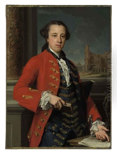 Portrait Of A Gentleman In A Red Coat And A Blue Waistcoat With Gold Embroidery, Holding A Book And A Tricorn Hat, With A Bronze Statuette... - view 1