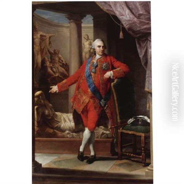 Portrait Of Count Kirill Grigorjewitsch Razumovsky, In A Scarlet Suit, Wearing The Star, Sash And Badge Of The Order Of Saint Andrew And On His Breast The Polish Order Of The White Eagle, Standing Wit - view 1