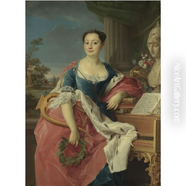 Portrait Of The Principessa Giacinta Orsini Buoncompagni Ludovisi, Duchessa D'arce, Wearing A Blue Dress And Pink Ermine-lined Cloak, Holding A Laurel Wreath And A Lyre, Leaning On A Pile Of Books On - view 1