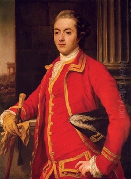 Portrait Of A Gentleman (john Sadler ?), In A Red Coat, Holding A Cane And Glove In His Right Hand, A Tricorn Hat Under His Left Arm, A Landscape Beyond - view 1