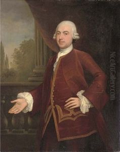 Portrait Of A Gentleman, Standing, In A Red Jacket With Gold Trim, A Landscape Beyond