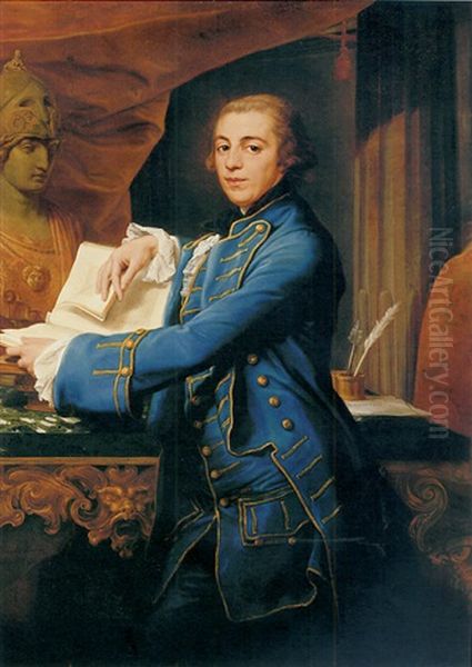 Portrait Of John Crewe In A Gold-embroidered Blue Coat And Waistcoat, Holding A Book, By A Marble-topped Table With A Bust Of Minerva, In An Interior - view 1