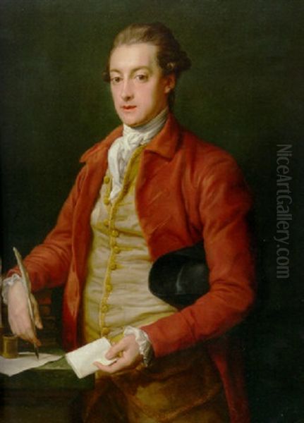 Portrait Of Hon. Lionel Damer In A Red Coat, With A Grey Vest And A White Cravat, Holding A Letter And A Quill Pen - view 1