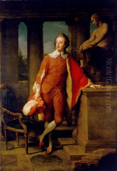 Portrait Of Anthony Ashley-cooper, 5th Earl Of Shaftesbury In Masquerade Van Dyck Dress, An Orange Coat And Breeches With A Red Fur-lined Cloak, Holding An Orange Hat With Red And White - view 1
