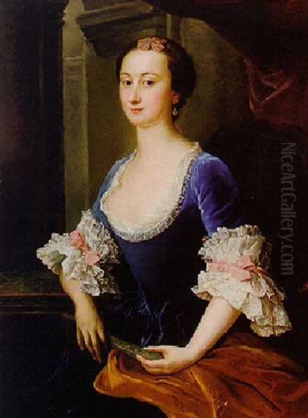 Portrait Of A Lady In A Blue Velvet Dress Holding A Fan - view 1