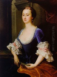 Portrait Of A Lady In A Blue Velvet Dress Holding A Fan by Pompeo Gerolamo Batoni