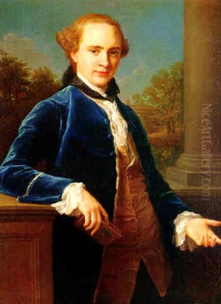 Portrait Of Gentlemen In A Blue Velvet Coat Standing Near A Column, A Landscape Beyond - view 1