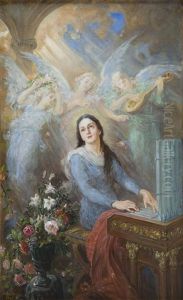 St. Cecilia Playing On The Church Organ by Stanislaw Batowski-Kaczor