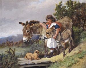A Girl With Donkeys And A Dog A Girl With Donkeys And A Dog