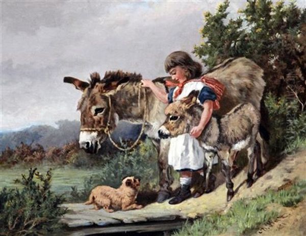 Girl With Donkey, Foal And A Terrier - view 1