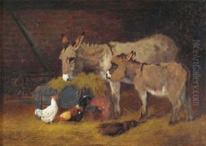 Donkeys And Chickens In A Stable by Arthur Batt