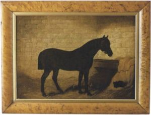 Portrait Of A Horse In His Stall With Black Cat Nestled In The Hay Beside Him by Arthur Batt
