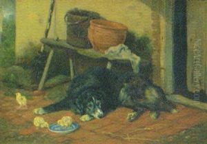 Gardsinterior Med Vilande Hund Och Kycklingar by Arthur Batt
