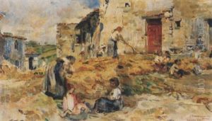 Bauerndorf Mit Spielenden Kindern Und Frauen Bei Der Arbeit