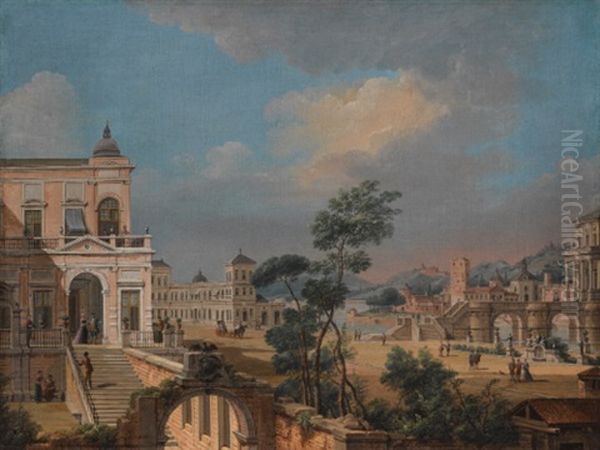 A Capriccio View Of A Riverside Town With Elegant Figures Strolling - view 1