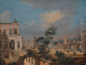 A Capriccio View Of A Riverside Town With Elegant Figures Strolling by Francesco Battaglioli
