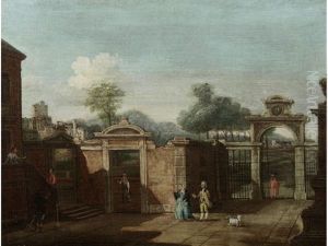 Elegant Figures In A Courtyard, An Italianate Landscape Beyond (+ And Figures In A Capriccio Landscape, A Hillside Town In The Distance; Pair)