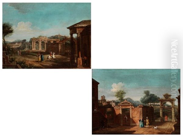 Hofischer Reiter Und Figurenstaffage Im Vorhof Einer Schlossanlage; Hofisches Paar Im Hof Einer Schlossanlage (pair) - view 1