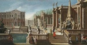 Blick Auf Eine Villa Mit Brunnen, Garten Und Eleganten Figuren