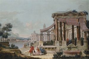 A Capriccio Of A Neoclassical Loggia On The Embankment Of A Canal, The Buildings Of A Town And A Mountainous Landscape Beyond