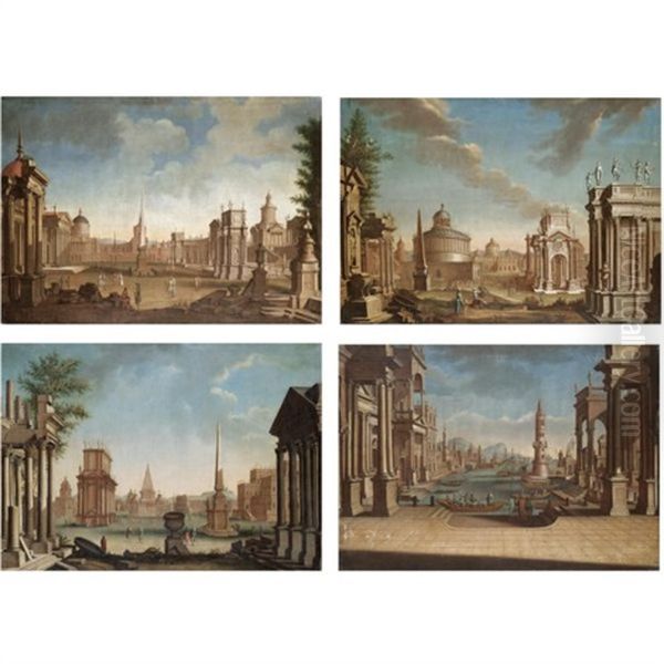 A Capriccio View Of A Mediterranean Harbour (set Of 4) - view 1
