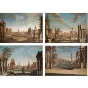 A Capriccio View Of A Mediterranean Harbour (set Of 4) by Francesco Battaglioli