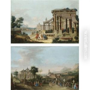 Veduta Ideata Di Una Villa Con Due Dame E Un Gentiluomo Davanti A Un Porticato (+ Veduta Ideata Di Un Palazzo Sul Mare Con Eleganti Figure In Un Giardino; Pair)