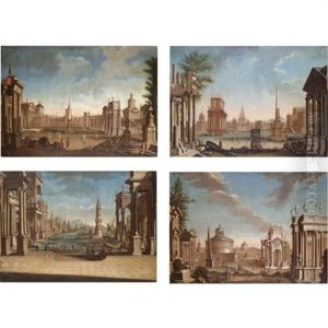 A Capriccio View Of A Mediterranean Harbour (+ 3 Others; 4 Works) by Francesco Battaglioli
