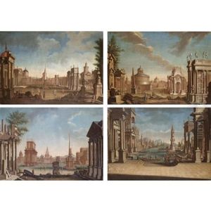 A Capriccio View Of A Mediterranean Harbour (+ 3 Others; 4 Works) by Francesco Battaglioli