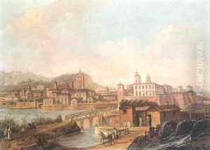 Vue Fantaisiste D'une Ville Italienne Au Bord D'une Riviere