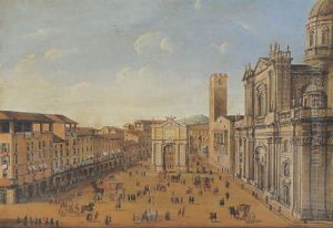 Vista Di Brescia - La Piazza Del Duomo Con Il Duomo Nuovo, Il Broletto E Un Arco Di Trionfo by Francesco Battaglioli