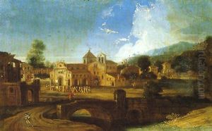 Veduta Di Un Paese Con Processione Davanti Ad Una Chiesa