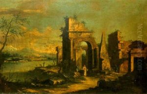 Caprice De Ruines Architecturales Pres D'un Lac Dans La Campagne Venitienne by Francesco Battaglioli