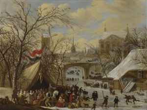 Winter Townscape With A Military Encampment And Figures Skating On The Frozen River
