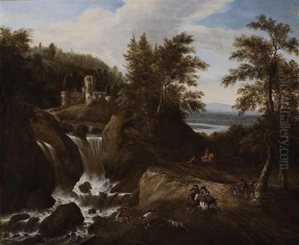 A Deer Hunt In A Wooded Landscape With A Waterfall - view 1