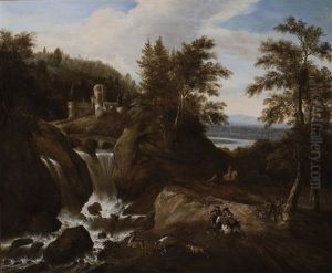 A Deer Hunt In A Wooded Landscape With A Waterfall by Gerrit (Gerard) Battem