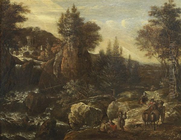 Travellers In A Rocky, River Landscape With A Classical Temple Beyond - view 1
