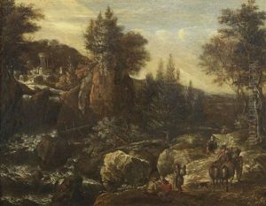 Travellers In A Rocky, River Landscape With A Classical Temple Beyond by Gerrit (Gerard) Battem