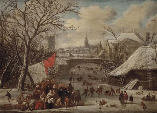 A Town In Winter With Numerous Figures On A Frozen Canal Skating, Sleighing And Conversing - view 1
