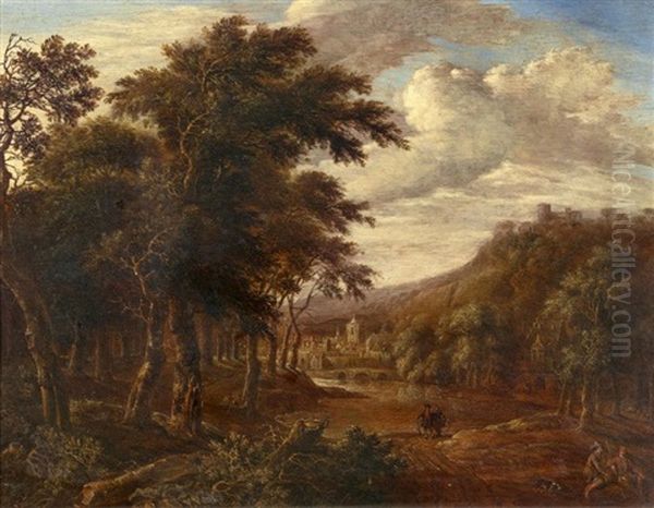 Bewaldete Uferlandschaft Mit Stadt - view 1